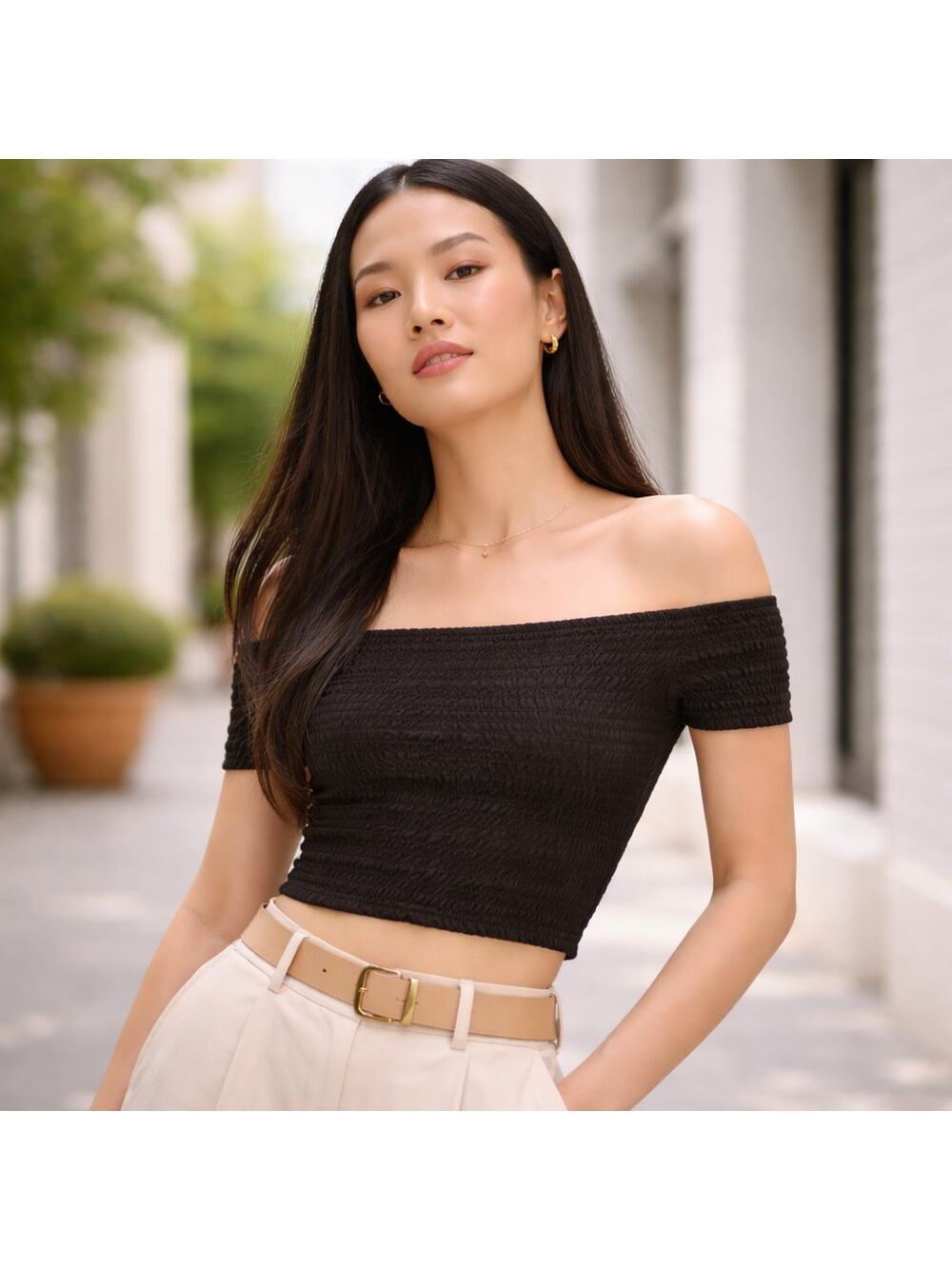 Everlane SZ L Organic Cotton Gauze Off Shoulder Smocked Top In Black NWT